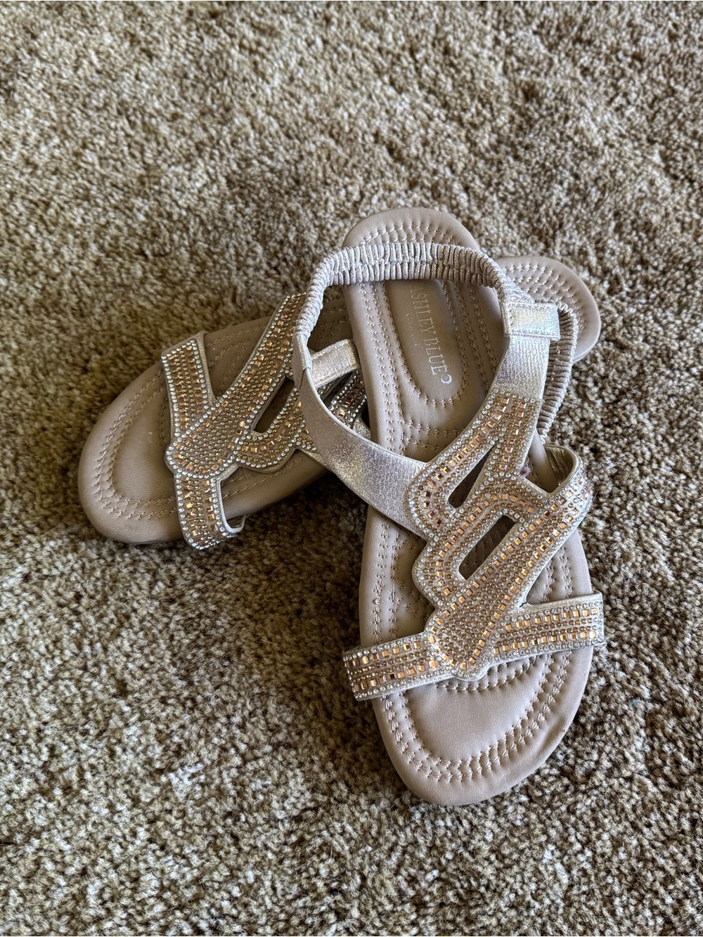 Tan + gold Ashley Blue lightweight rhinestone sandals; excellent condition